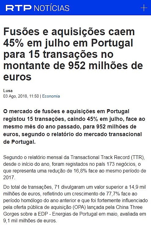 Fuses e aquisies caem 45% em julho em Portugal para 15 transaes no montante de 952 milhes de euros